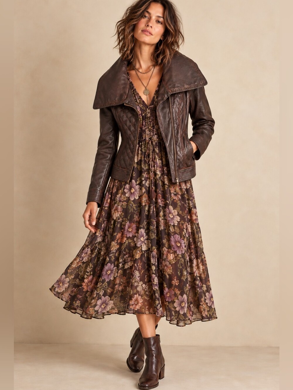 GUESS FAUX LEATHER MOTO JACKET BROWN QUILTED BIKER COAT SMALL MEDIUM